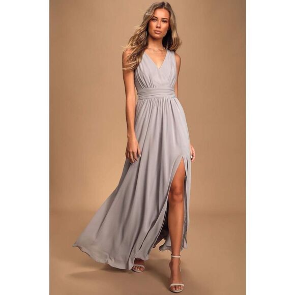 Lulus Size XS Thoughts Of Hue Light Grey Surplice Maxi Dress High Slit Formal - Picture 2 of 14